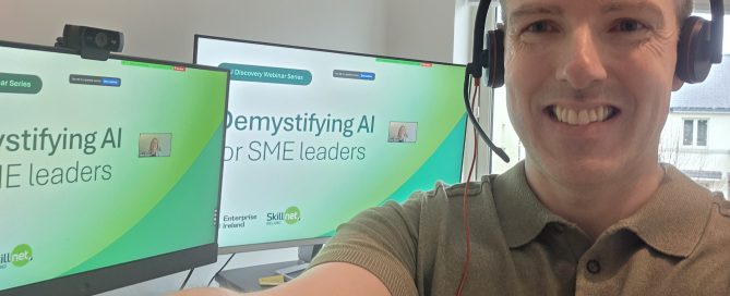 Mark Kelly in front of a computer doing the Enterprise Ireland Skillnet AI Discovery Webinar