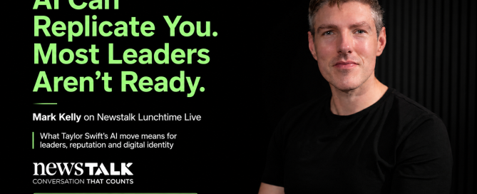 Portrait of Mark Kelly beside text reading “AI Can Replicate You. Most Leaders Aren’t Ready,” promoting a Newstalk Lunchtime Live discussion on AI, leadership, and digital identity.