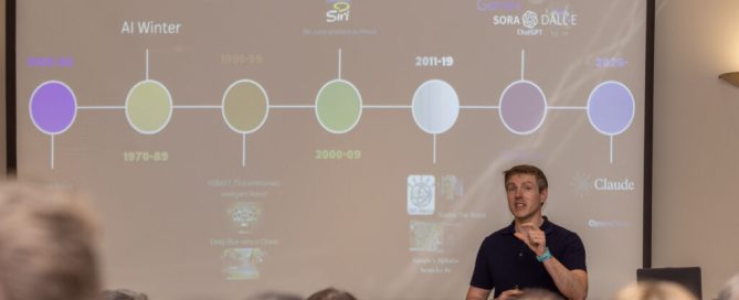 Mark Kelly presenting an AI timeline during a business leadership event