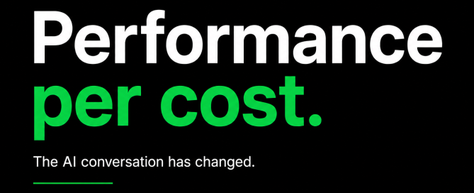 Performance per cost. A minimalist graphic showing how business leaders are shifting from comparing AI models to measuring business outcomes and return on investment.