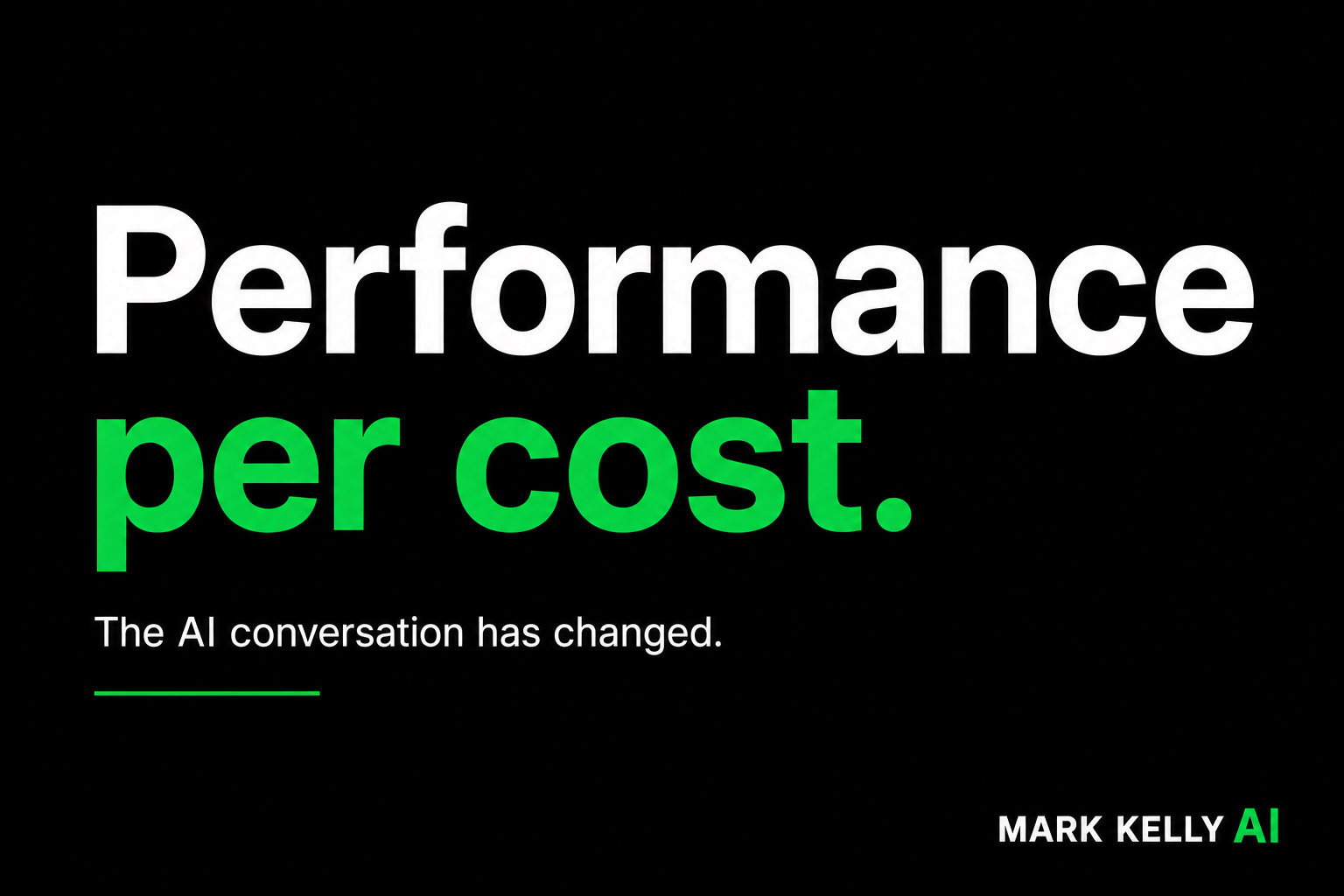 Performance per cost. A minimalist graphic showing how business leaders are shifting from comparing AI models to measuring business outcomes and return on investment.