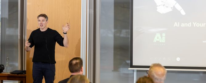 AI keynote speaker presenting practical AI insights to a business audience in Ireland