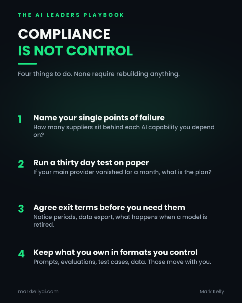 Four actions on AI sovereignty: name your single points of failure, run a thirty day test on paper, agree exit terms before you need them, and keep what you own in formats you control.