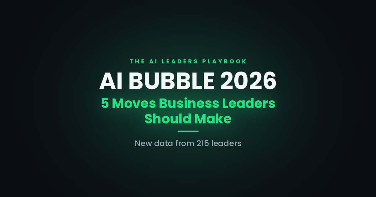 Feature image reading AI Bubble 2026, five moves business leaders should make, with new data from 215 leaders.