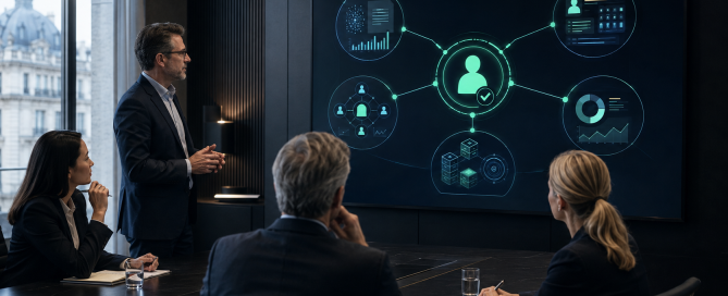 Business leaders reviewing specialist AI agent workflows with human approval controls