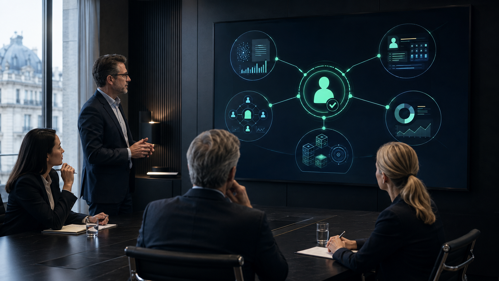 Business leaders reviewing specialist AI agent workflows with human approval controls