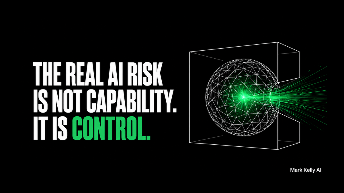 Mark Kelly AI graphic showing a green AI energy sphere pushing beyond a white control boundary, beside the words: “The real AI risk is not capability. It is control.”