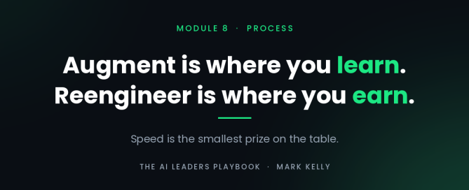 Module 8 of the AI Leaders Playbook. Augment is where you learn, reengineer is where you earn.