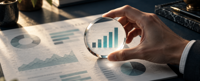 Conceptual illustration of a hand examining a business chart through a magnifying glass.