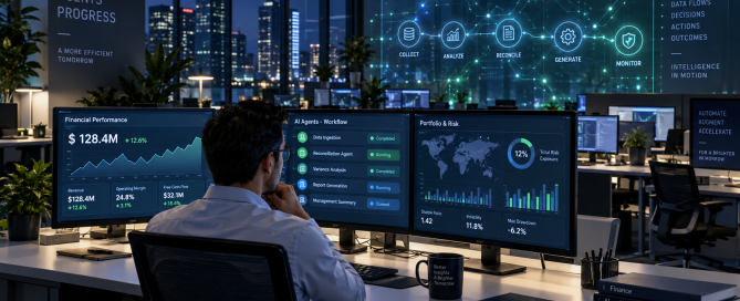 Financial professional monitoring AI agent workflow across multiple dashboards showing autonomous reconciliation, analysis, data collection and reporting tasks in a modern command center.